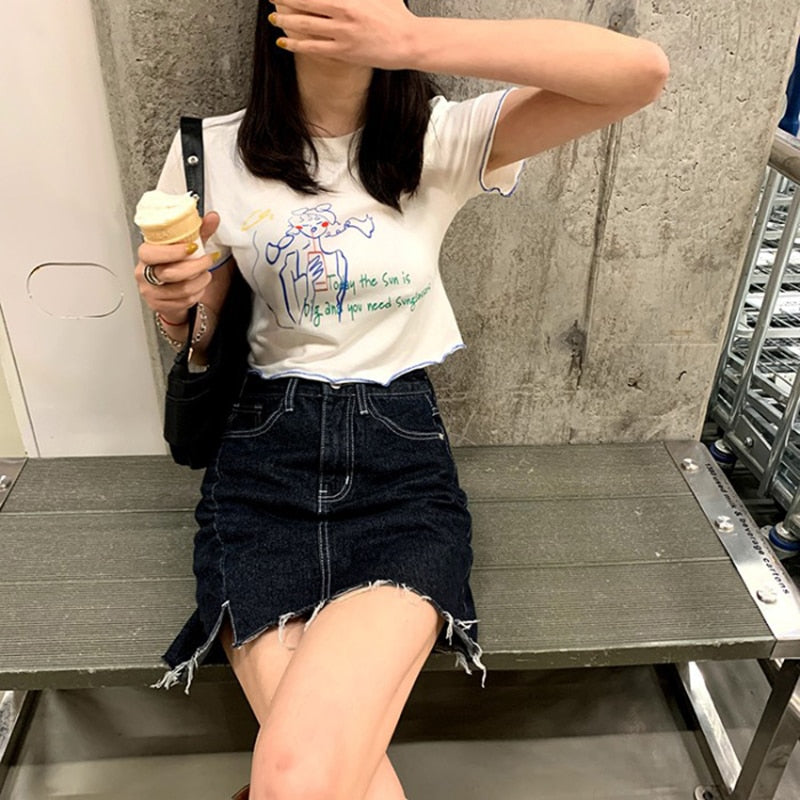 Cute Fashion Short Length Graphic Streetwear Crop Top T-shirt Tee