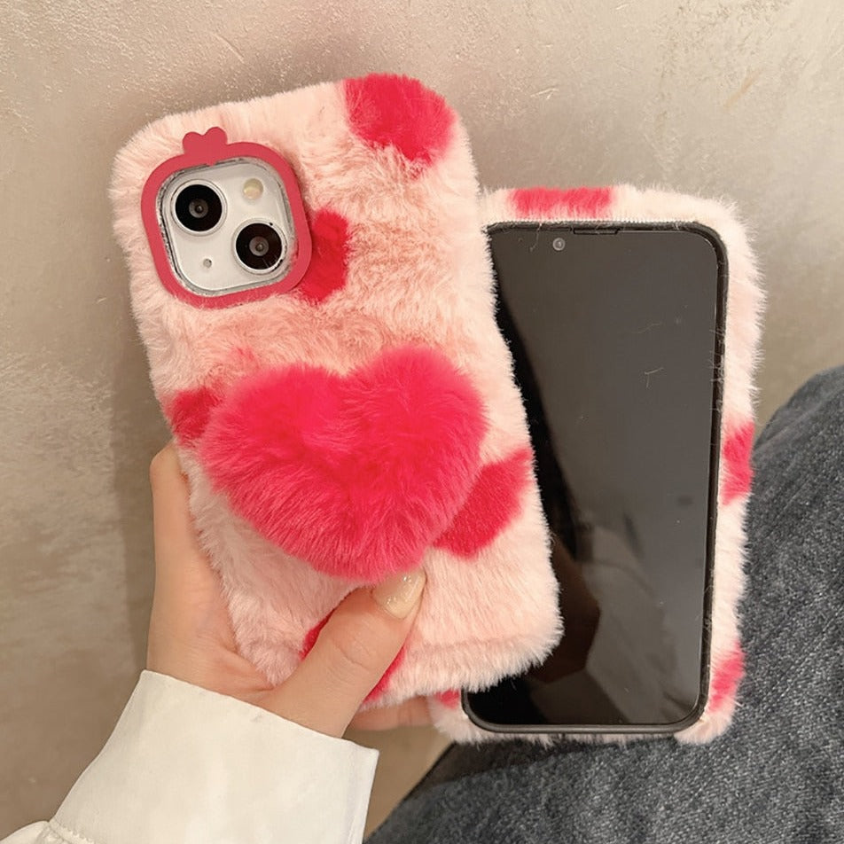 Beautiful Love Heart Design Fluffy Fur Plush iPhone Protective Phone Case Cover