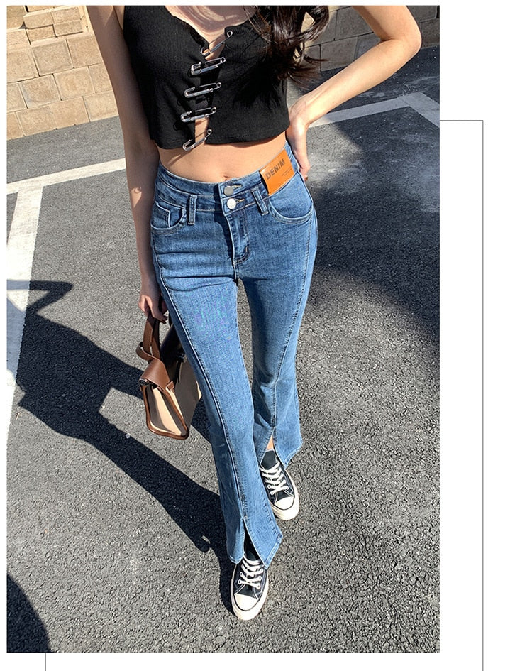 Stylish Trendy High Waist Stretch Slim Wide Leg Flared Boot Cut Denim Pants Jeans