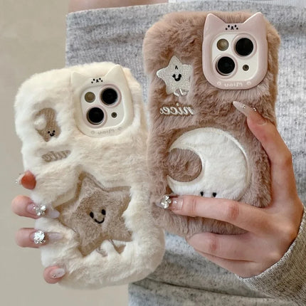 Cute Soft Furry Fluffy Plush Star Moon Phone Case Cover for iPhone