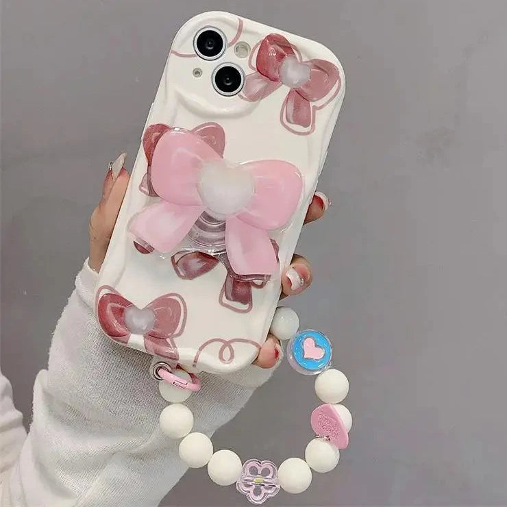 Beautiful Pink Bow Design Beaded Wristlet Strap Phone Case for Samsung Beautiful Pink Bow Design Beaded Wristlet Strap Phone Case for Samsung