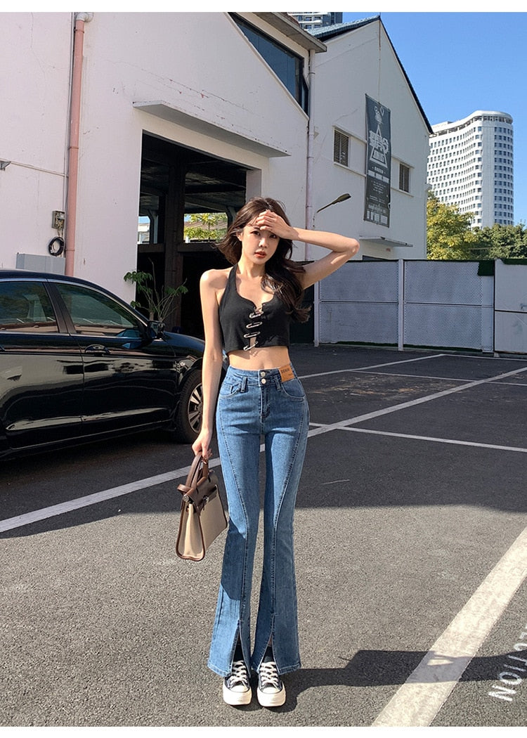 Stylish Trendy High Waist Stretch Slim Wide Leg Flared Boot Cut Denim Pants Jeans