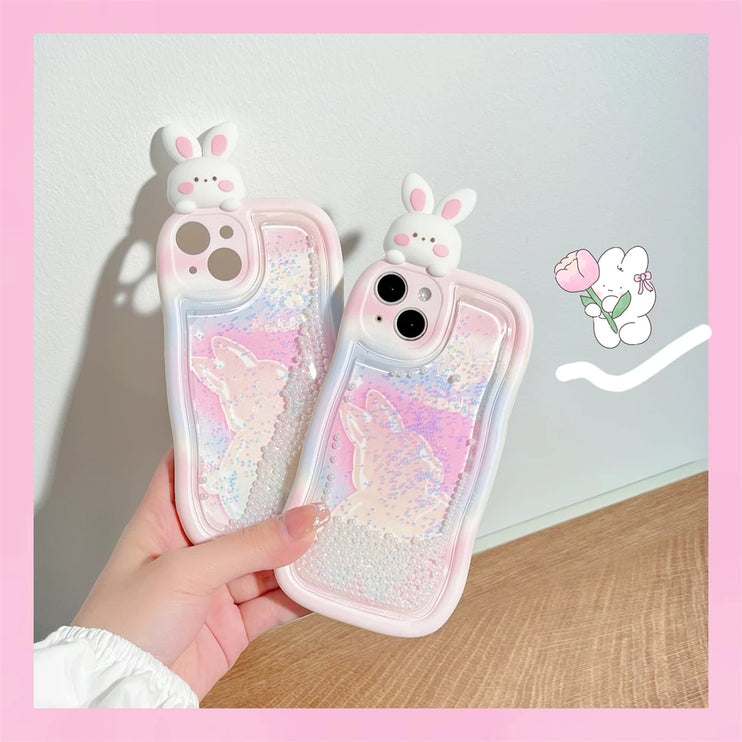 Cute Adorable 3D Bunny Glitter Quicksand Phone Case Cover For iPhone 15 14 13 12 11 Pro Max