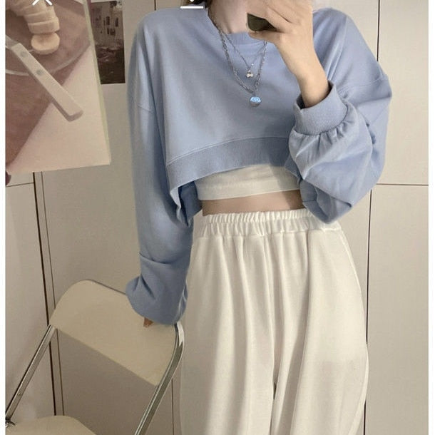 Basic Solid Stylish Streetwear Long Sleeve Loose Pullover Crop Sweatshirt Top