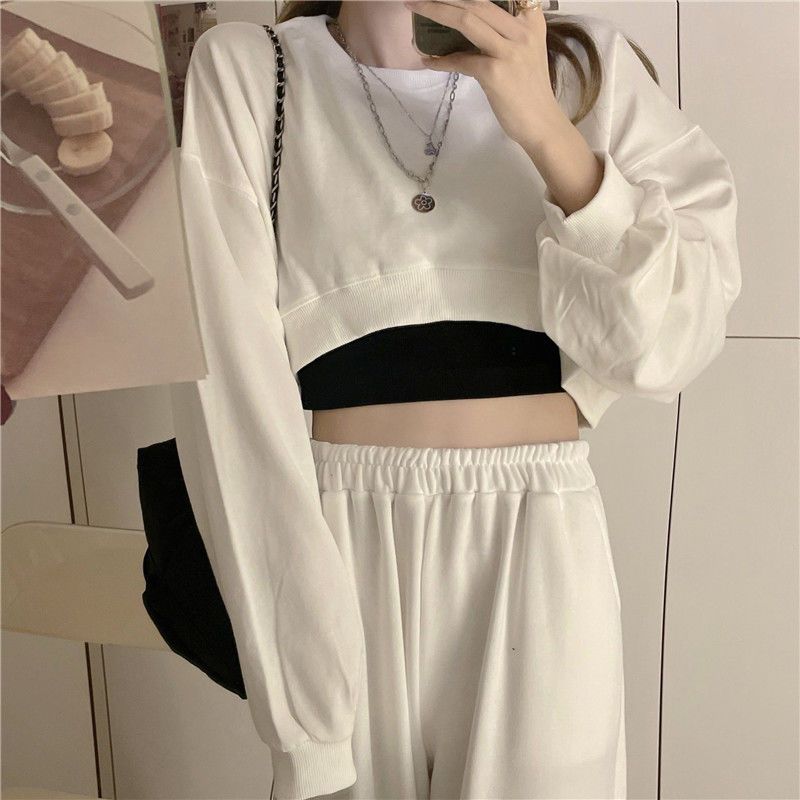 Basic Solid Stylish Streetwear Long Sleeve Loose Pullover Crop Sweatshirt Top