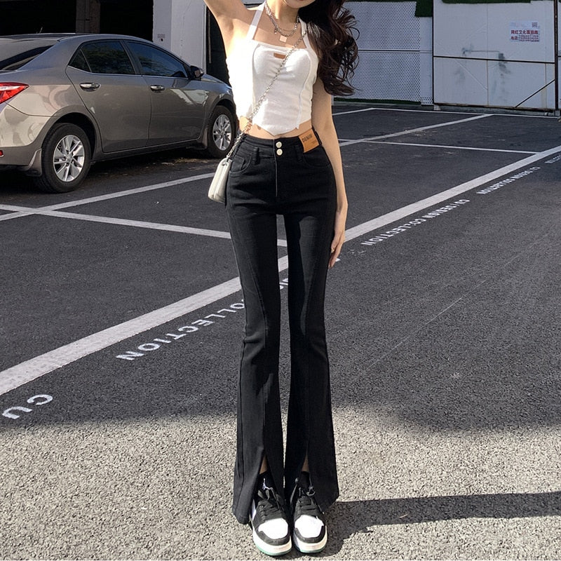 Stylish Trendy High Waist Stretch Slim Wide Leg Flared Boot Cut Denim Pants Jeans