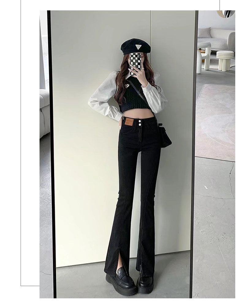 Stylish Trendy High Waist Stretch Slim Wide Leg Flared Boot Cut Denim Pants Jeans