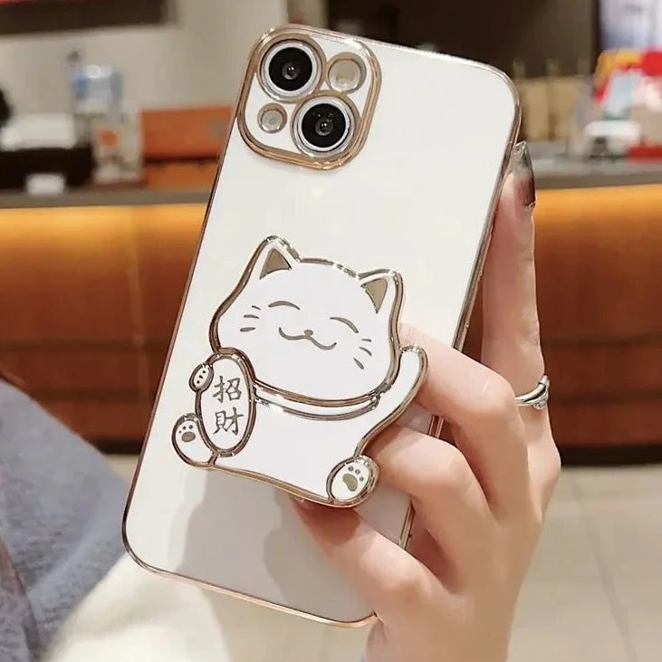 Cute Lucky Cat Folding Stand Phone Case Cover for iPhone 15 14 13 Pro Max Plus Mini