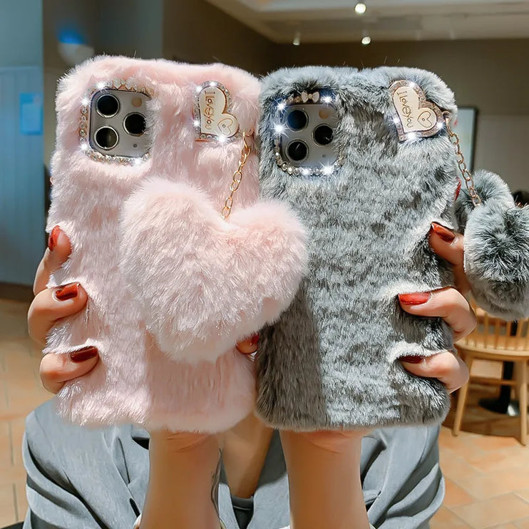 Luxury Love Pendant Cute Plush Fur Phone Case Cover For iPhone 15 14 13 12 Pro Max