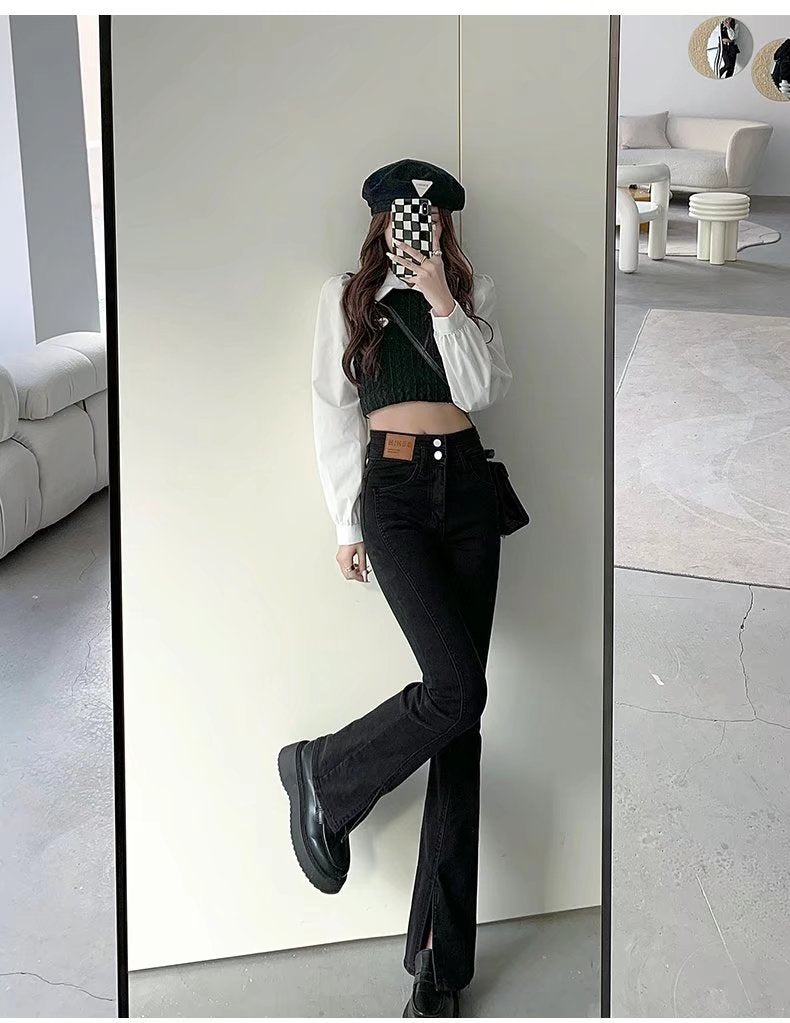 Stylish Trendy High Waist Stretch Slim Wide Leg Flared Boot Cut Denim Pants Jeans