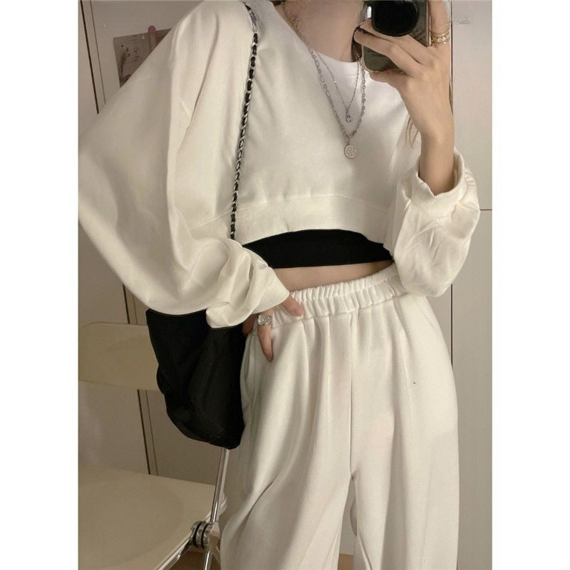 Basic Solid Stylish Streetwear Long Sleeve Loose Pullover Crop Sweatshirt Top
