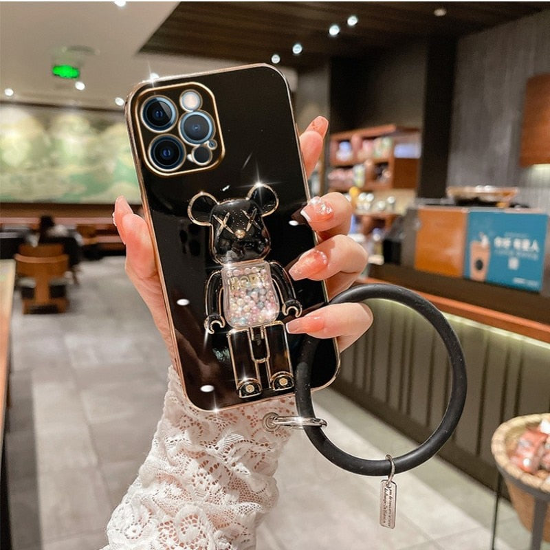 Cute Candy Bead Bear Holder with Wrist Ring Phone Cover Case For iPhone 14 13 Por Max Plus Mini