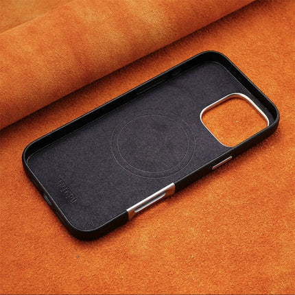 Luxury Leather MagSafe Magnetic Phone Case with Metal Hollow Buttons for iPhone