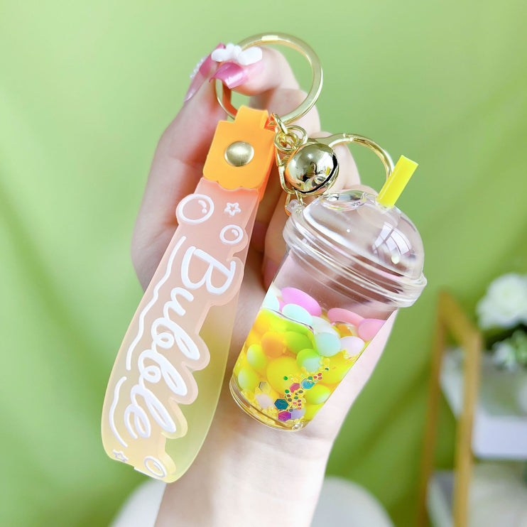 Cute Liquid Multi-colored Floating Bubble Boba Pearl Milk Tea Cup Jelly Bean Keyring Backpack Pendant Charm Keychain  