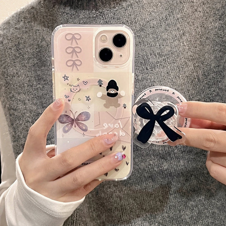Cute Cartoon Bear Bowknot Magnetic Bracket MagSafe Phone Case Cover For iPhone 15 14 13 12 Pro Max