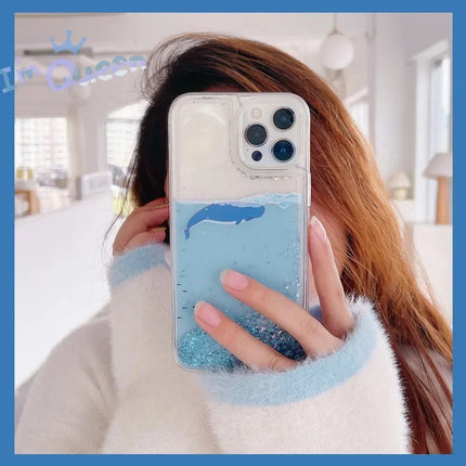 Ocean Dolphin Whale Sparking Glitter Quicksand Liquid Phone Case Cover for iPhone
