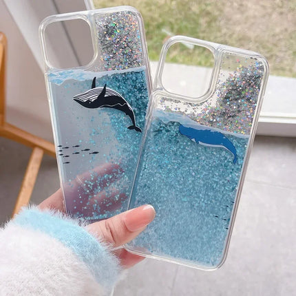 Ocean Dolphin Whale Sparking Glitter Quicksand Liquid Phone Case Cover for iPhone