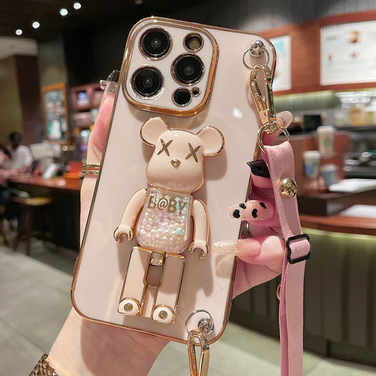 Cute 3D Bear Folding Stand Removable Strap Phone Case Cover for iPhone 15 14 13 12 Pro Max Plus Mini
