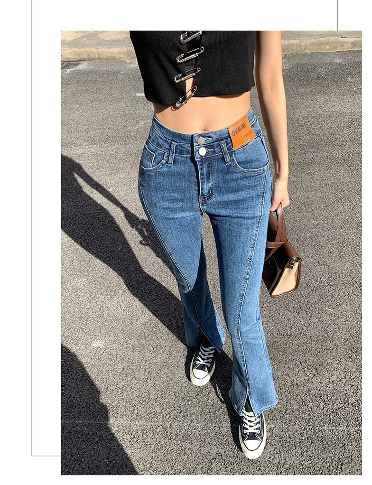 Stylish Trendy High Waist Stretch Slim Wide Leg Flared Boot Cut Denim Pants Jeans