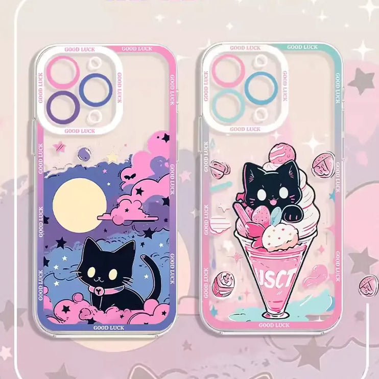 Adorable Black Cat Cartoon Clear Soft Protective Phone Case Cover for iPhone