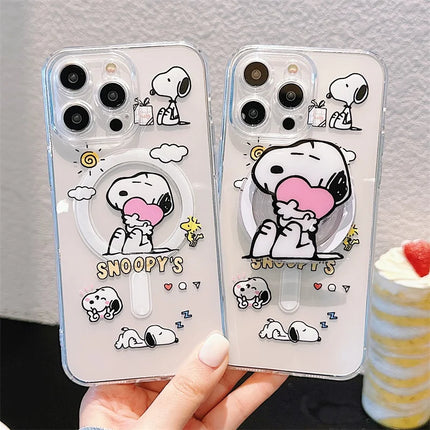 Cute Cartoon Snoopy MagSafe Holder Phone Case For iPhone 16 15 14 13 12 11 Pro Max Plus