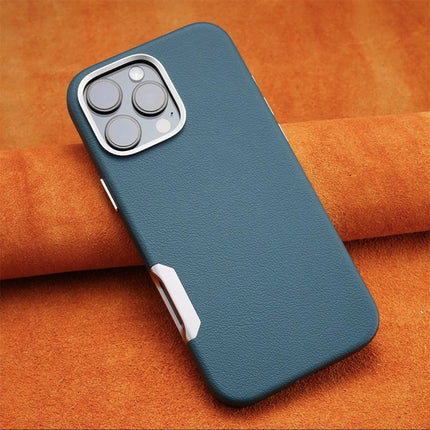 Luxury Leather MagSafe Magnetic Phone Case with Metal Hollow Buttons for iPhone
