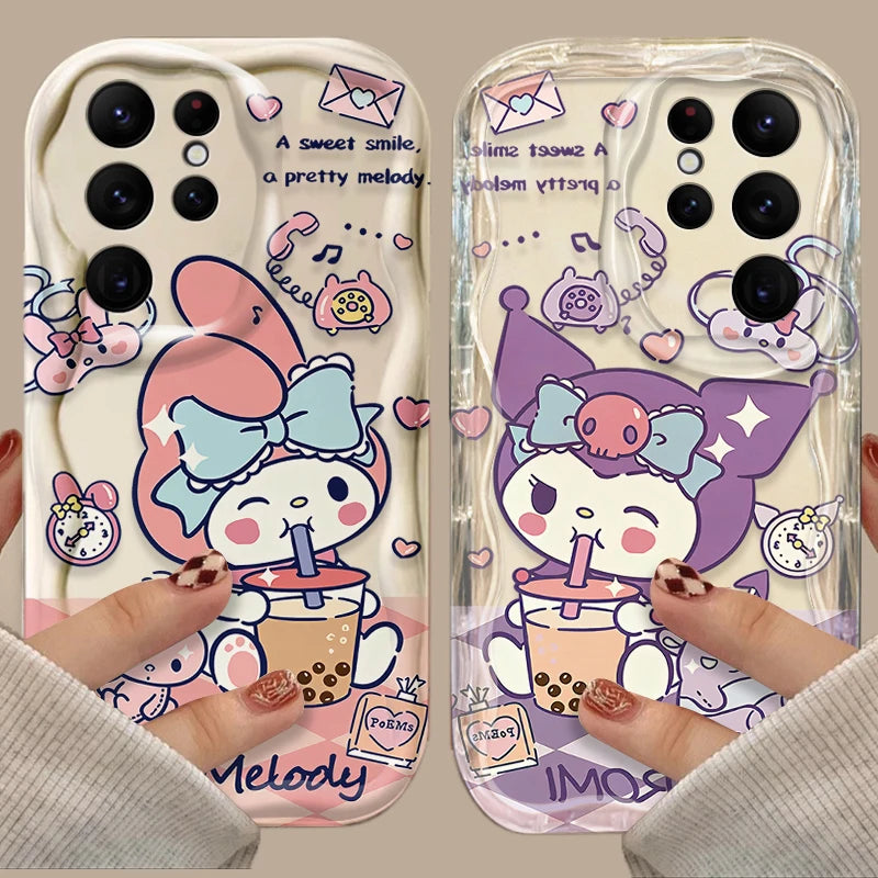 Cute Bubble Tea Beverage Themed Sanrio Kuromi My Melody Phone Case Cover For Samsung Galaxy S24 Ultra S23 S22 Plus