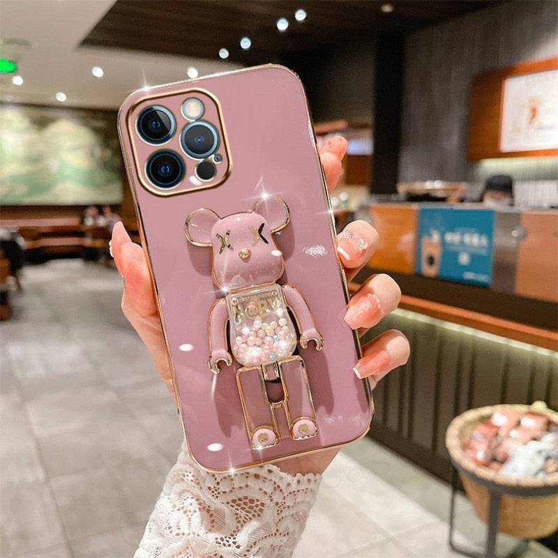 Cute Candy Bead Bear Holder with Wrist Ring Phone Cover Case For iPhone 14 13 Por Max Plus Mini