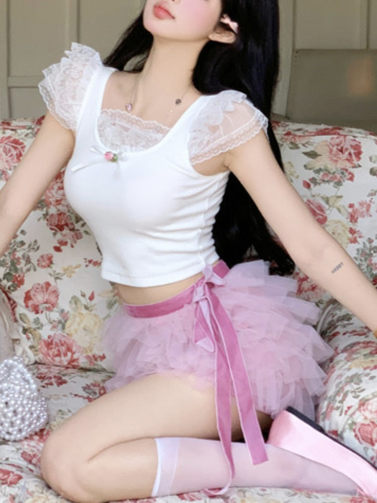Super Sweet Cute Lace Decorated Flying Sleeves Design Fashion Shirt Top