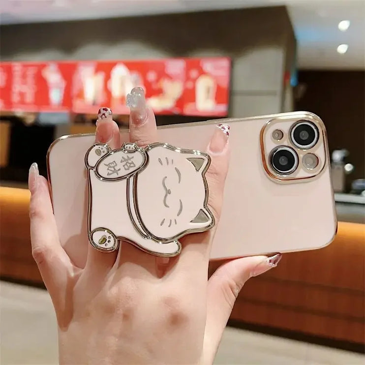 Cute Lucky Cat Folding Stand Phone Case Cover for iPhone 15 14 13 Pro Max Plus Mini