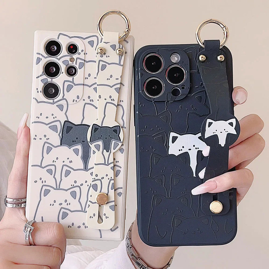 Adorable Animal Themed Cat Bear Wrist Strap Holder Phone Case Cover For Samsung S23 S24 S22 S21 S20 FE Plus Ultra Note 20 10