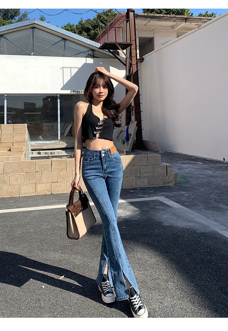 Stylish Trendy High Waist Stretch Slim Wide Leg Flared Boot Cut Denim Pants Jeans