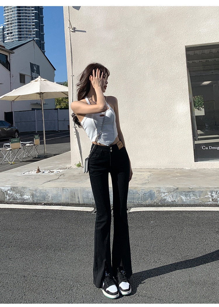 Stylish Trendy High Waist Stretch Slim Wide Leg Flared Boot Cut Denim Pants Jeans