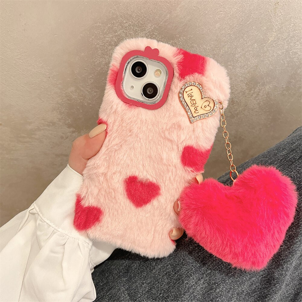 Beautiful Love Heart Design Fluffy Fur Plush iPhone Protective Phone Case Cover