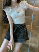 Super Sweet Cute Lace Decorated Flying Sleeves Design Fashion Shirt Top