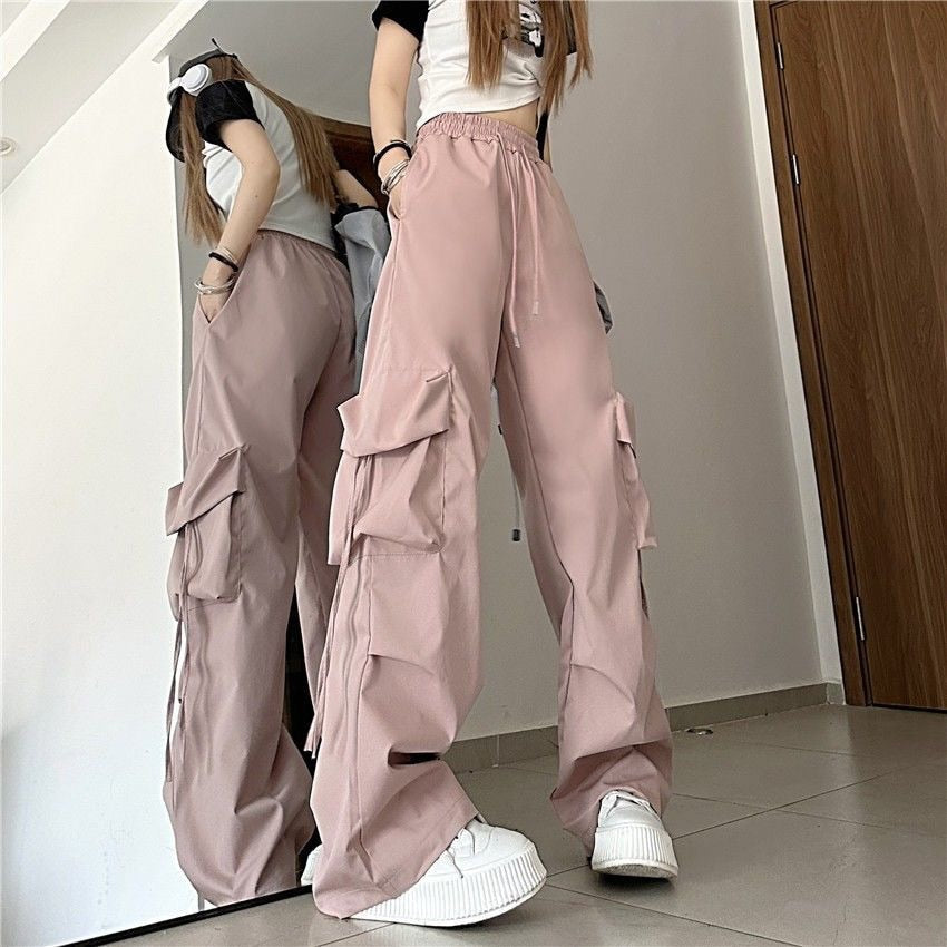 Solid Comfy Trendy Fashion Streetwear High Waist Wide Straight Leg Cargo Pants