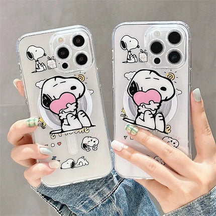 Cute Cartoon Snoopy MagSafe Holder Phone Case For iPhone 16 15 14 13 12 11 Pro Max Plus