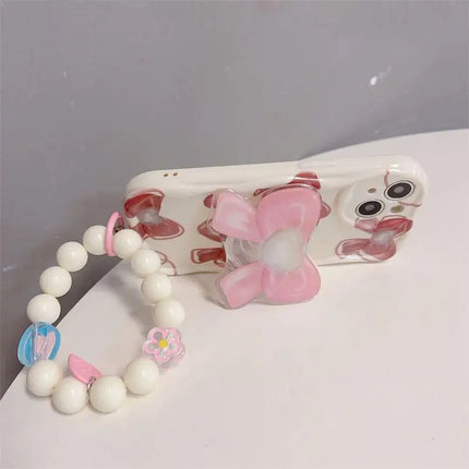 Beautiful Pink Bow Design Beaded Wristlet Strap Phone Case for Samsung Galaxy