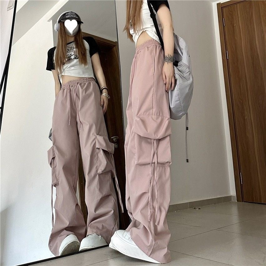 Solid Comfy Trendy Fashion Streetwear High Waist Wide Straight Leg Cargo Pants
