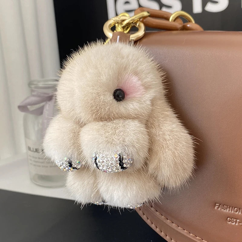Cute Soft Luxury Furry Bunny Rabbit Rhinestone Plushie Keychain Phone Bag Charm