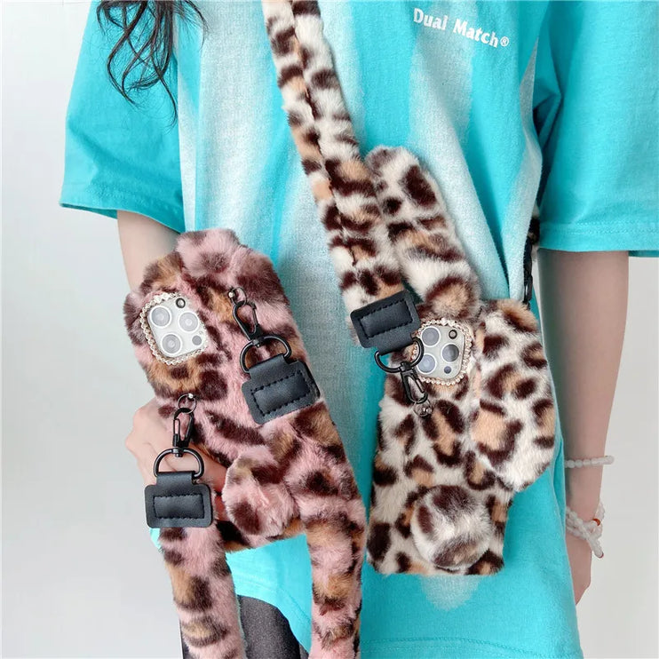 Adorable Fluffy Rabbit Plush Soft Fur Shoulder Strap Phone Case Cover For iPhone 15 14 13 12 Pro Max - Accessoriesforever