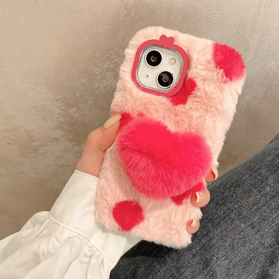 Beautiful Love Heart Design Fluffy Fur Plush iPhone Protective Phone Case Cover