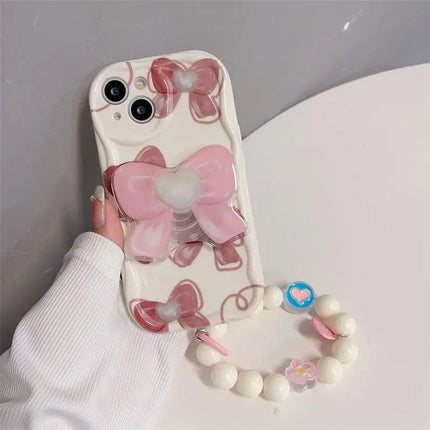Beautiful Pink Bow Design Beaded Wristlet Strap Phone Case for Samsung Galaxy