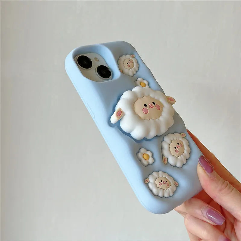 Cute 3D Sheep Daisy Holder Stand Phone Case Cover For iPhone 15 14 13 12 11 Pro Max
