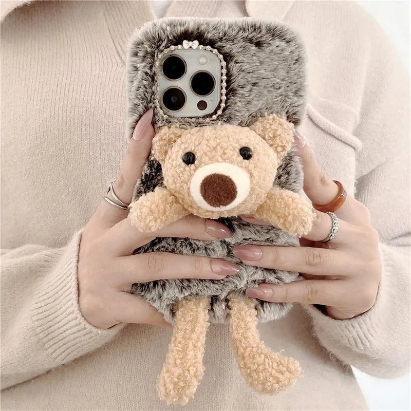 Adorable Cute Soft Teddy Bear Bunny Fluffy Phone Case Cover For iPhone 15 14 13 Pro 12 11 Pro Max 8 7 6S Plus SE