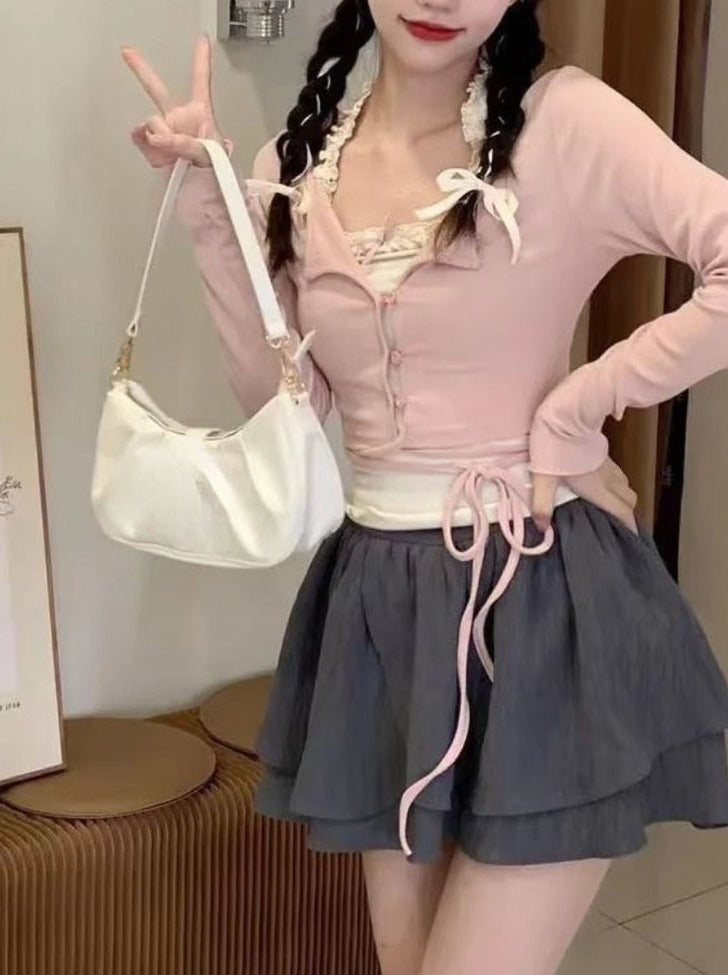 Sweet Cute Pink Cardigan and Tank top Fashion Top Two-Piece Set