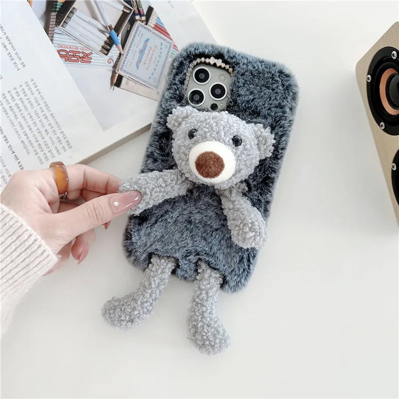 Adorable Cute Soft Teddy Bear Bunny Fluffy Phone Case Cover For iPhone 15 14 13 Pro 12 11 Pro Max 8 7 6S Plus SE