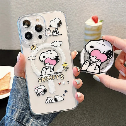 Cute Cartoon Snoopy MagSafe Holder Phone Case For iPhone 16 15 14 13 12 11 Pro Max Plus