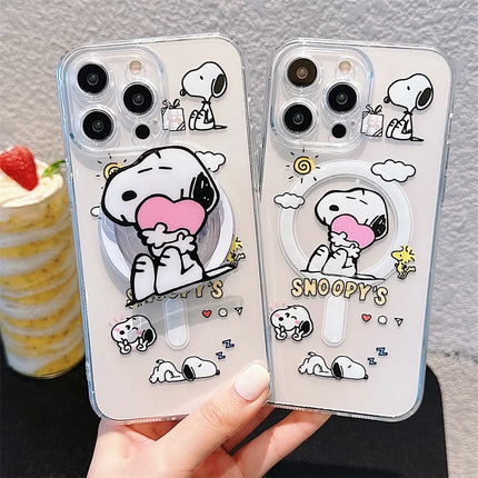 Cute Cartoon Snoopy MagSafe Holder Phone Case For iPhone 16 15 14 13 12 11 Pro Max Plus