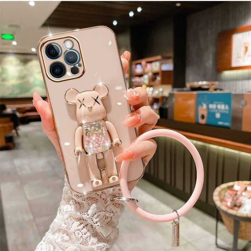 Cute Candy Bead Bear Holder with Wrist Ring Phone Cover Case For iPhone 14 13 Por Max Plus Mini